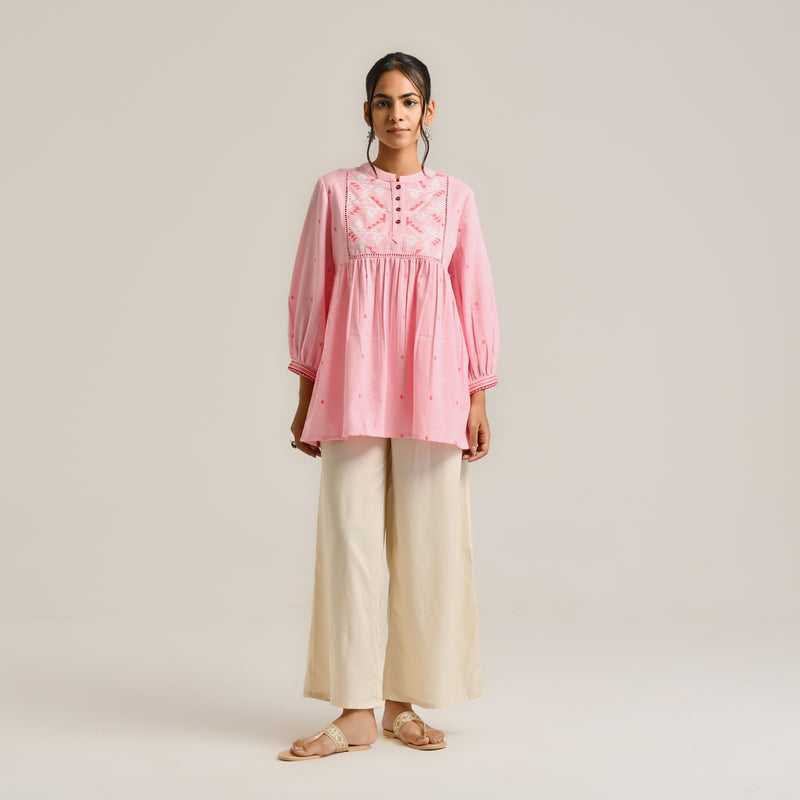 Pink Linen Cotton Jamdani Printed Tunic