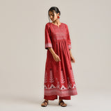 Maroon Linen Cotton Jamdani Printed Kurta with Embroidery