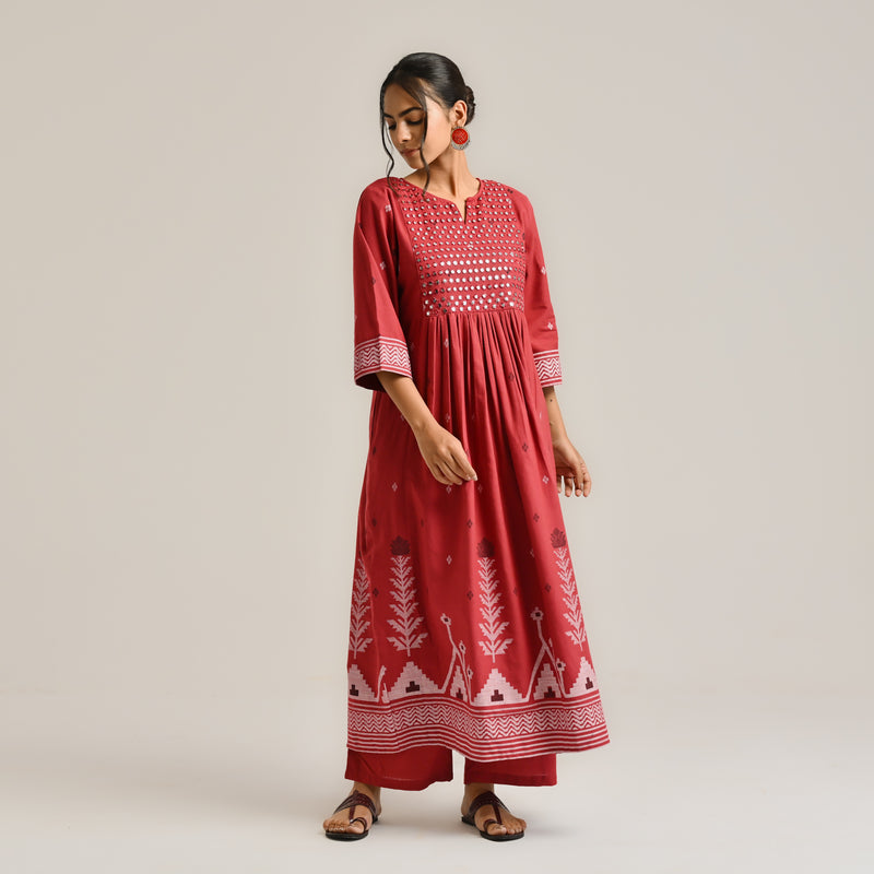 Maroon Linen Cotton Jamdani Printed Kurta with Embroidery
