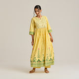 Mango Yellow Linen Cotton Jamdani Printed Kurta with Embroidery