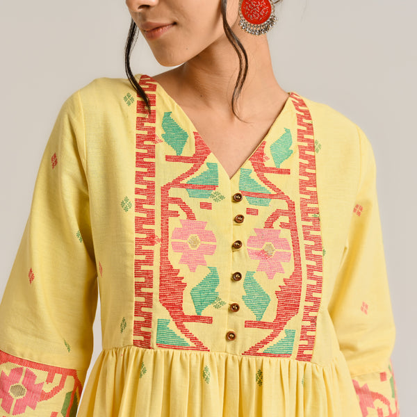 Mango Yellow Linen Cotton Jamdani Inspired Kurta Set