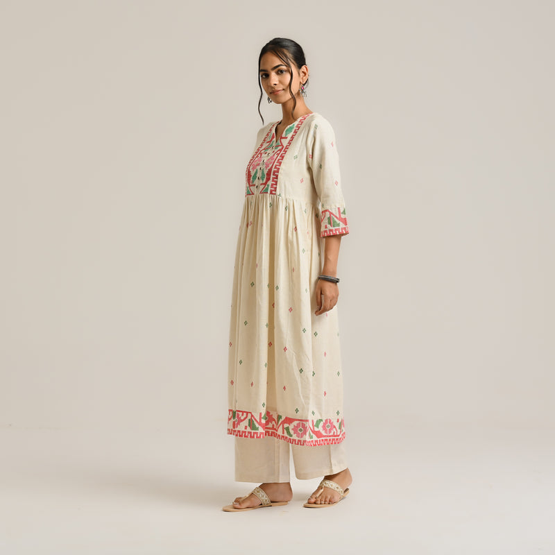 Off White Linen Cotton Jamdani Inspired Kurta Set