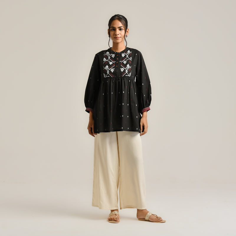Black Linen Cotton Jamdani Printed Tunic