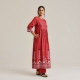 Maroon Linen Cotton Jamdani Printed Kurta with Embroidery