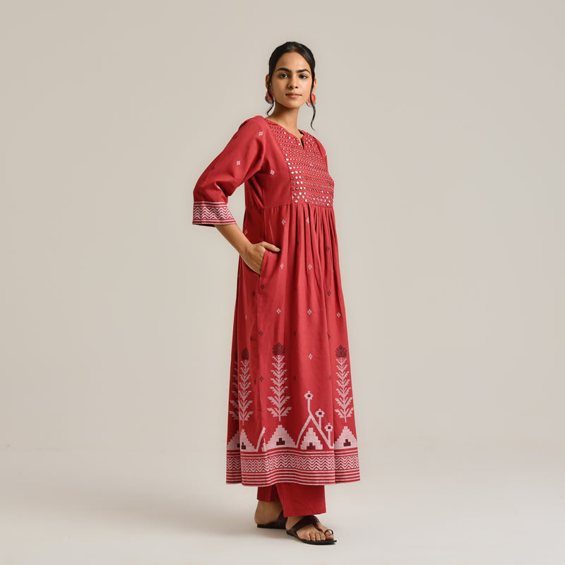 Maroon Linen Cotton Jamdani Printed Kurta with Embroidery