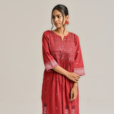 Maroon Linen Cotton Jamdani Printed Kurta with Embroidery