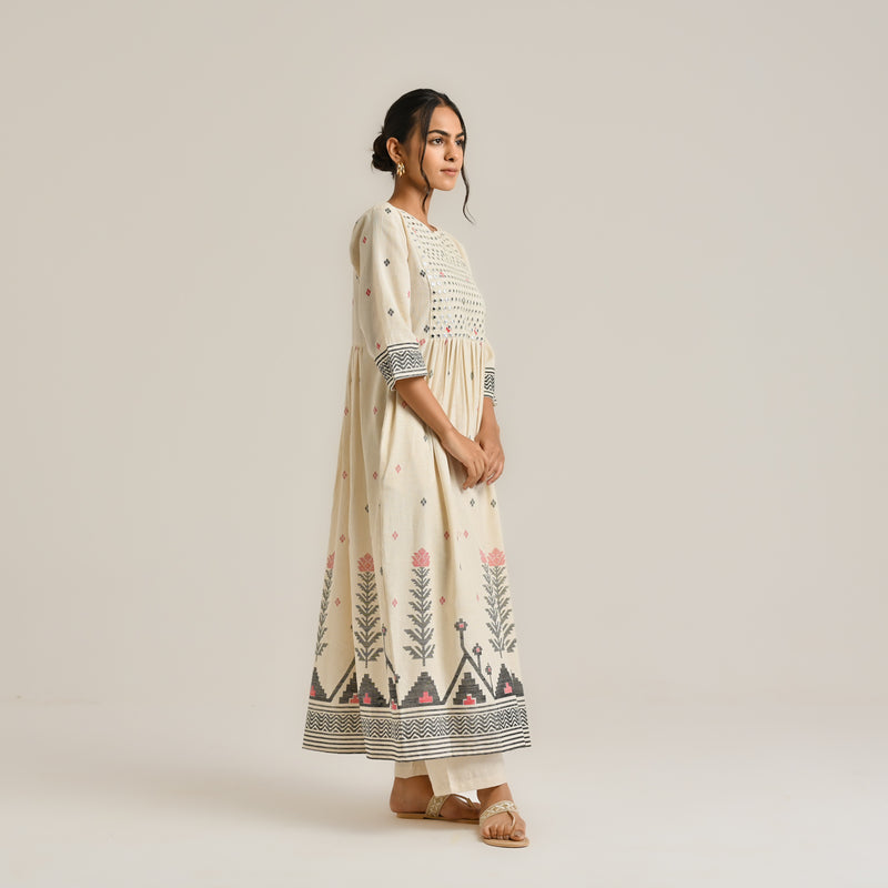 Off White Linen Cotton Jamdani Printed Kurta with Embroidery