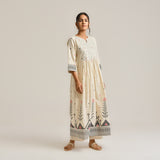 Off White Linen Cotton Jamdani Printed Kurta with Embroidery