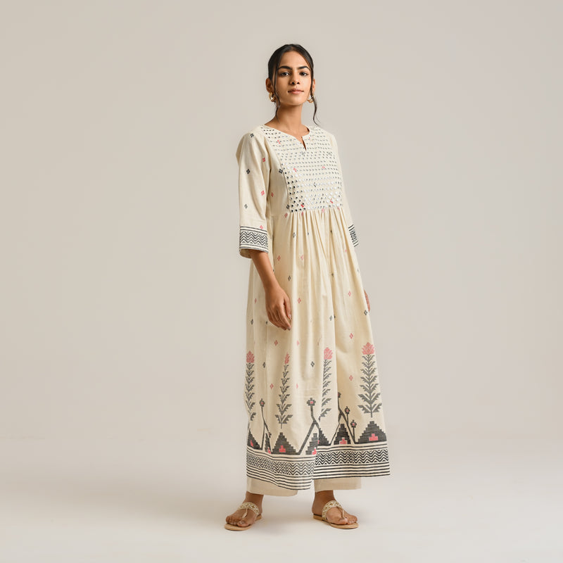 Off White Linen Cotton Jamdani Printed Kurta with Embroidery