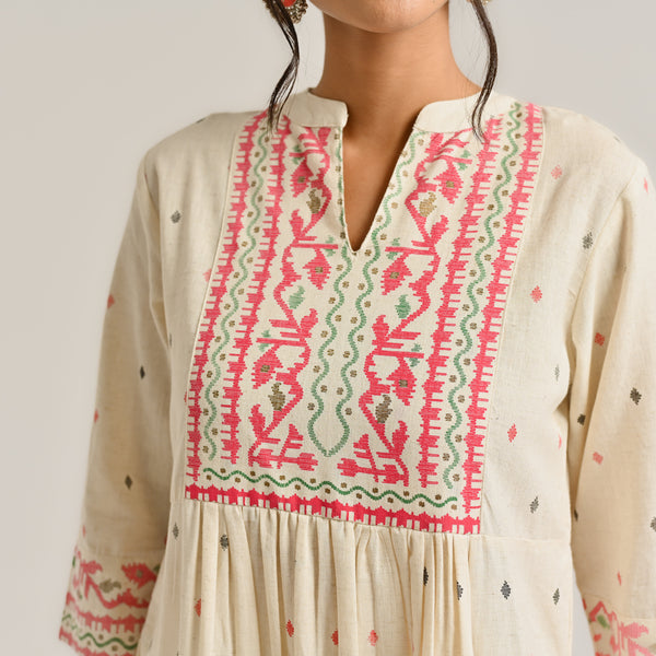 Off White Linen Cotton Jamdani Printed Kurta Set with Side Slit