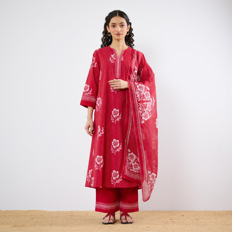 Dewdrop A-Line Cotton Kurta Trouser Set With Mulmul Dupatta - Blood Red