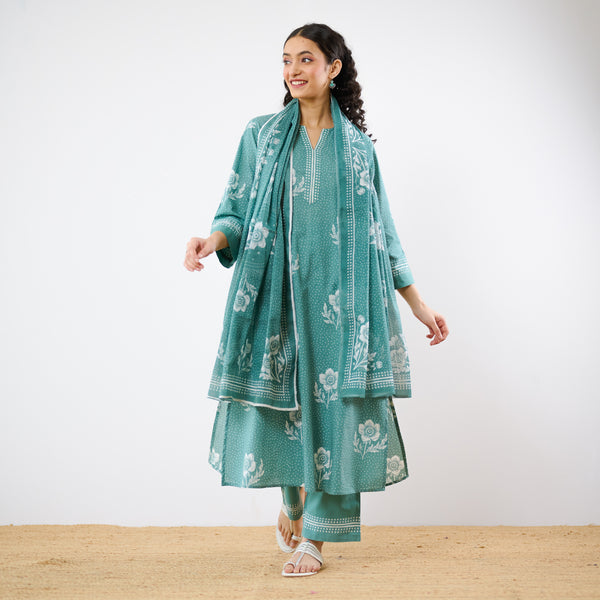 Dewdrop A-Line Cotton Kurta Trouser Set With Mulmul Dupatta - Sage Green