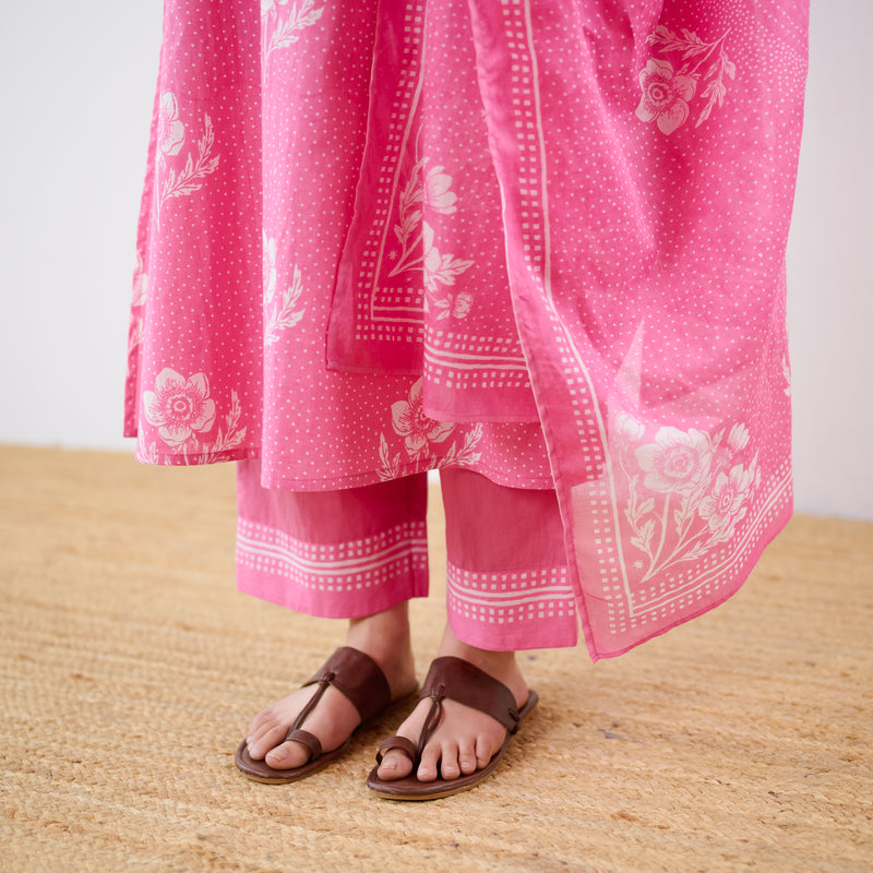 Dewdrop A-Line Cotton Kurta Trouser Set With Mulmul Dupatta - Candy Pink