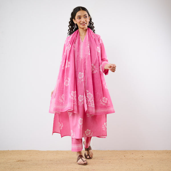 Dewdrop A-Line Cotton Kurta Trouser Set With Mulmul Dupatta - Candy Pink