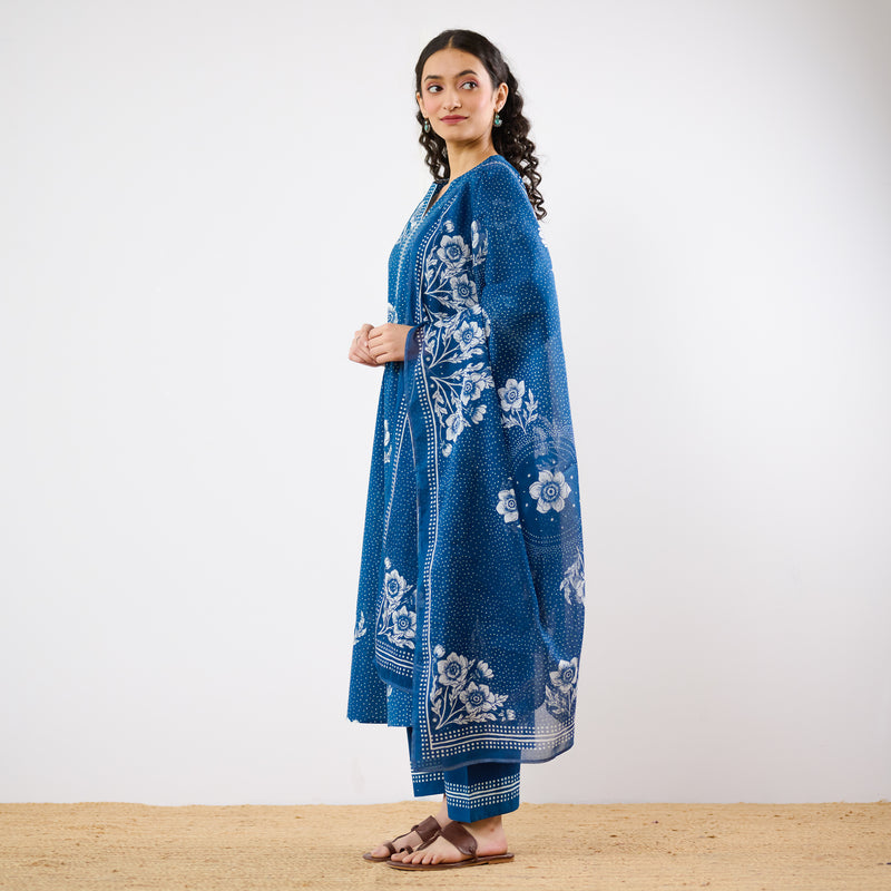 Dewdrop A-Line Cotton Kurta Trouser Set With Mulmul Dupatta - Indigo