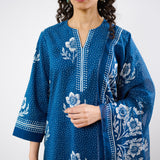 Dewdrop A-Line Cotton Kurta Trouser Set With Mulmul Dupatta - Indigo