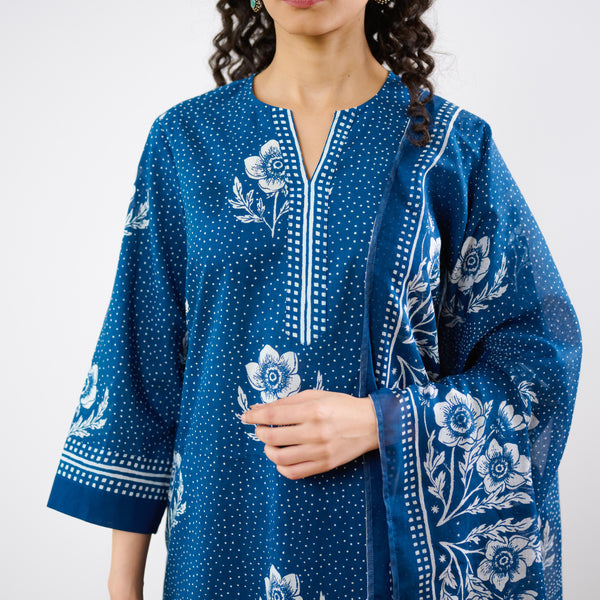 Dewdrop A-Line Cotton Kurta Trouser Set With Mulmul Dupatta - Indigo