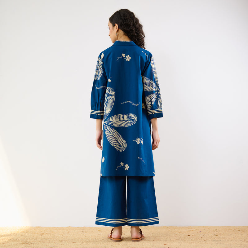 Plumeria Cotton Co-ord Set - Indigo