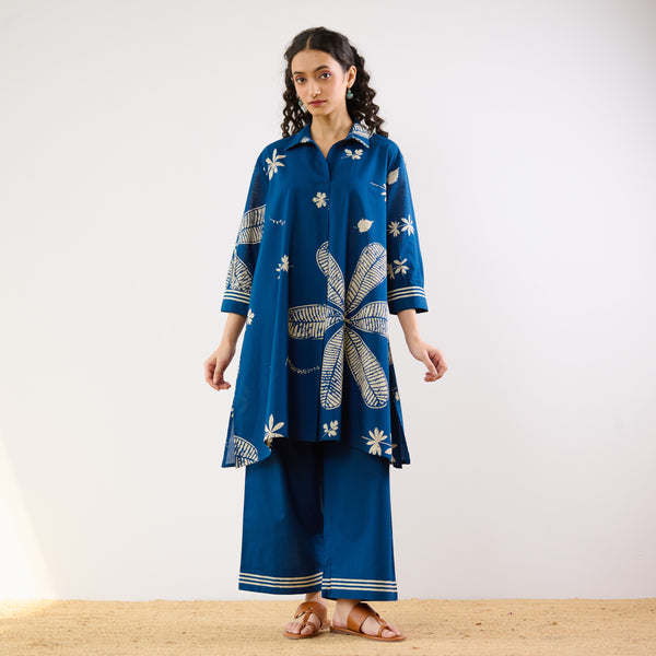 Plumeria Cotton Co-ord Set - Indigo