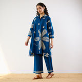 Plumeria Cotton Co-ord Set - Indigo