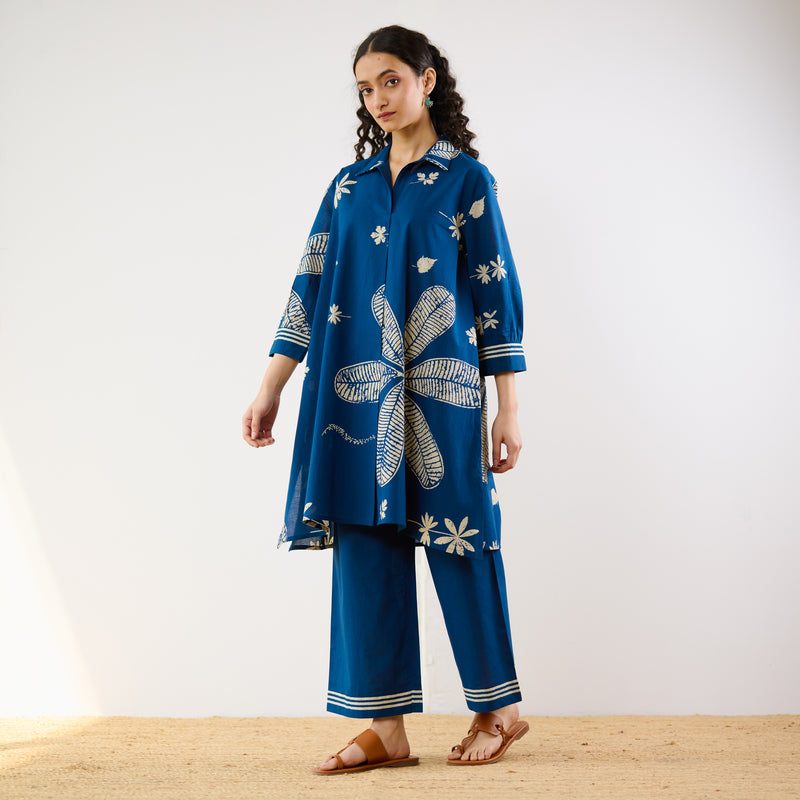 Plumeria Cotton Co-ord Set - Indigo