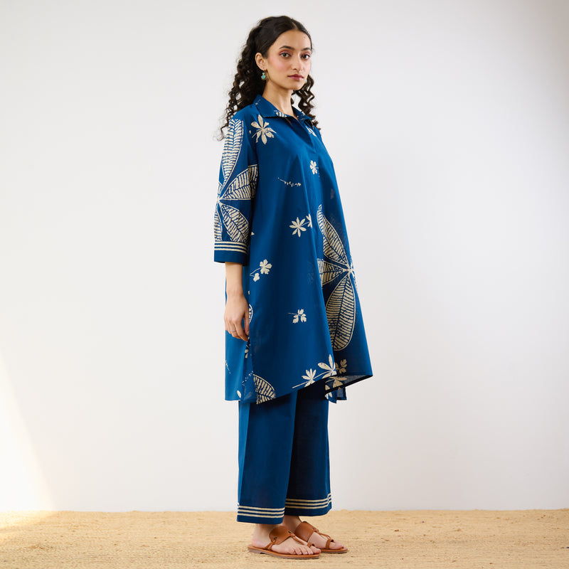 Plumeria Cotton Co-ord Set - Indigo