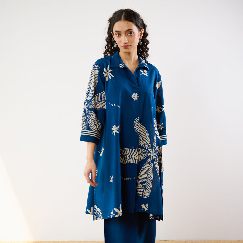 Plumeria Cotton Co-ord Set - Indigo
