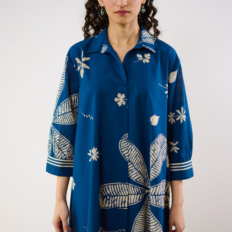 Plumeria Cotton Co-ord Set - Indigo