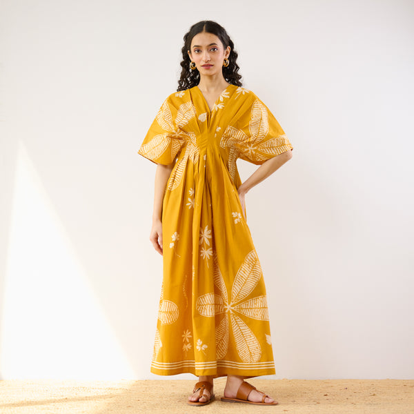 Periwinkle Pleated Cotton Maxi Dress - Corn Yellow