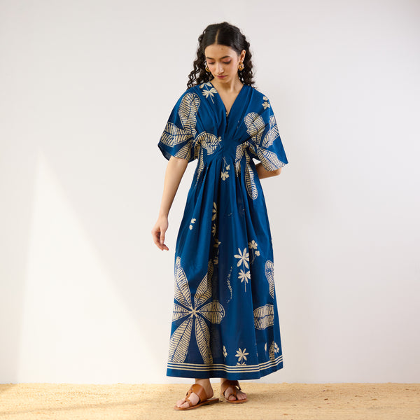 Periwinkle Pleated Cotton Maxi Dress - Indigo