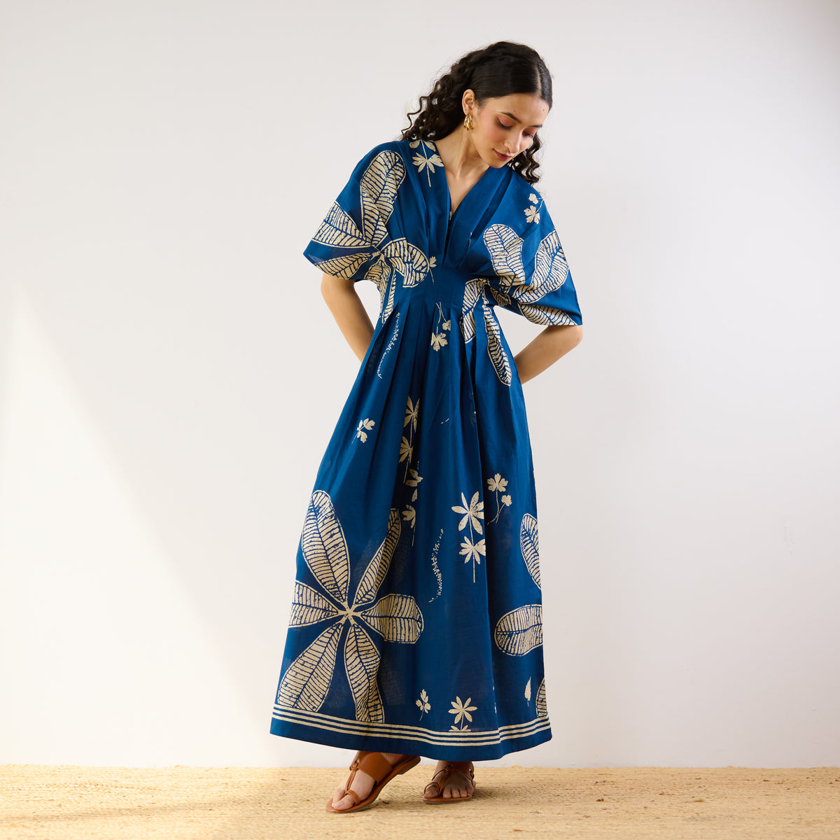 Periwinkle Pleated Cotton Maxi Dress - Indigo