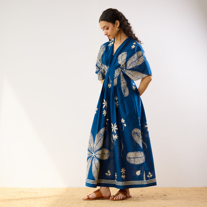 Periwinkle Pleated Cotton Maxi Dress - Indigo