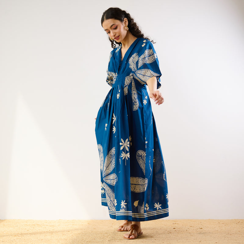 Periwinkle Pleated Cotton Maxi Dress - Indigo