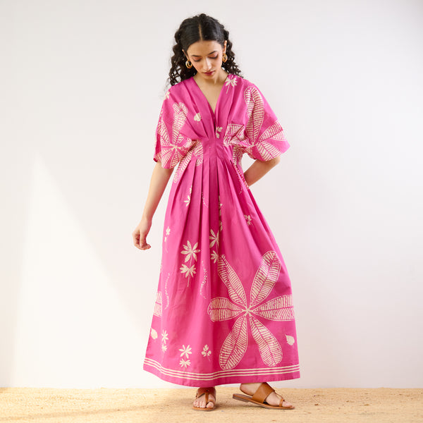Periwinkle Pleated Cotton Maxi Dress - Pink