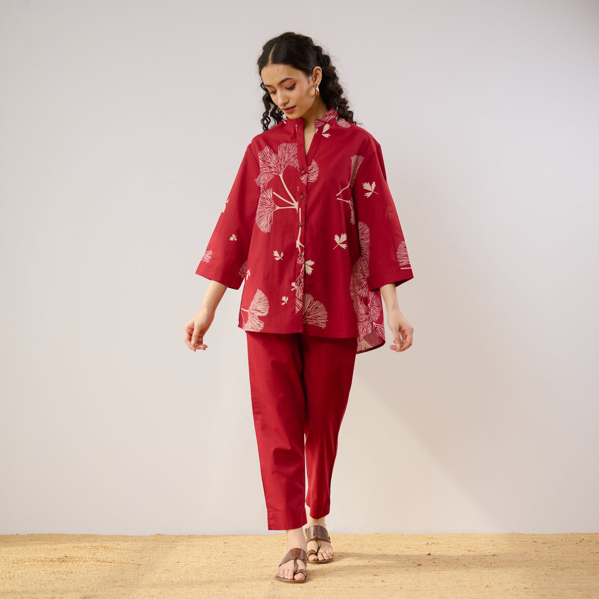 Palm Cotton Co-ord Set - Blood Red