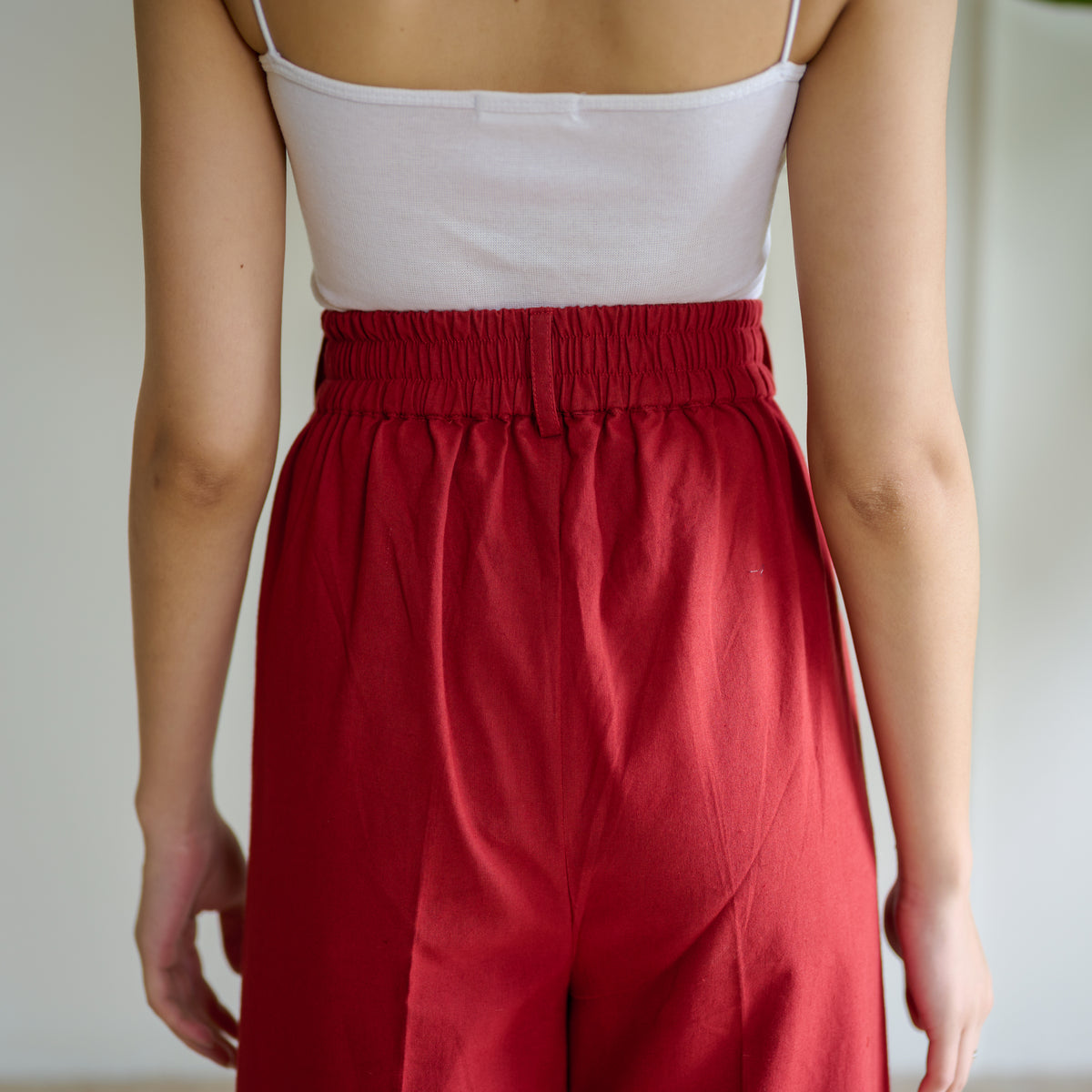High Waist Pleated Cotton Trousers - Red