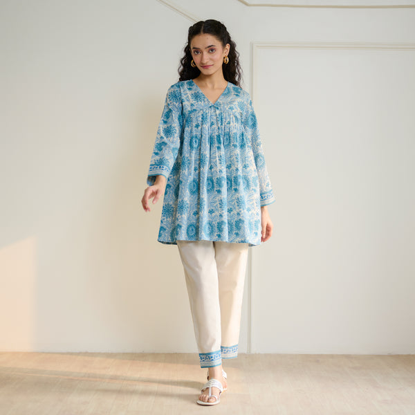 Jugni Sanganeri inspired Printed Fit & Flare Tunic with Straight Pants - Beige