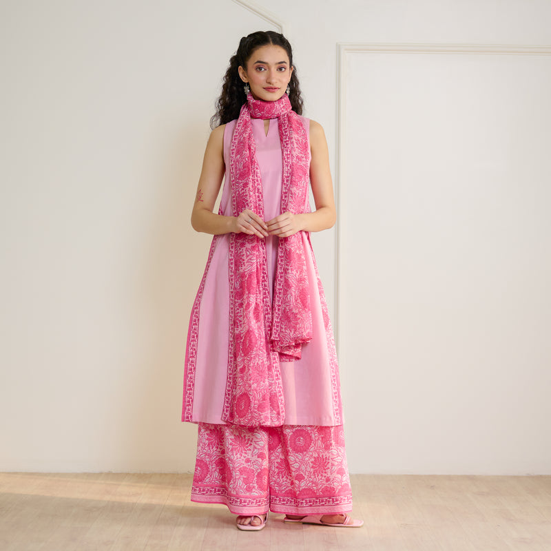 Mehek Sanganeri Inspired Sleeveless Kurta Palazzo Set with Dupatta - Baby Pink