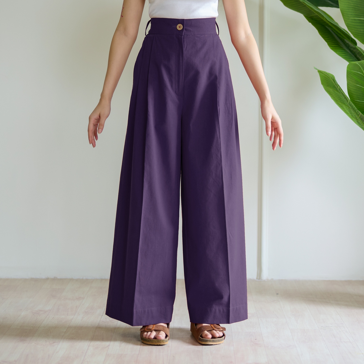 High Waist Pleated Cotton Trousers - Violet