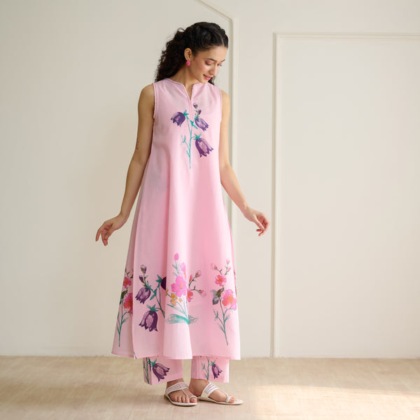 Aviva Patchwork Cotton Kurta Set with Mulmul Slip - Candy Pink