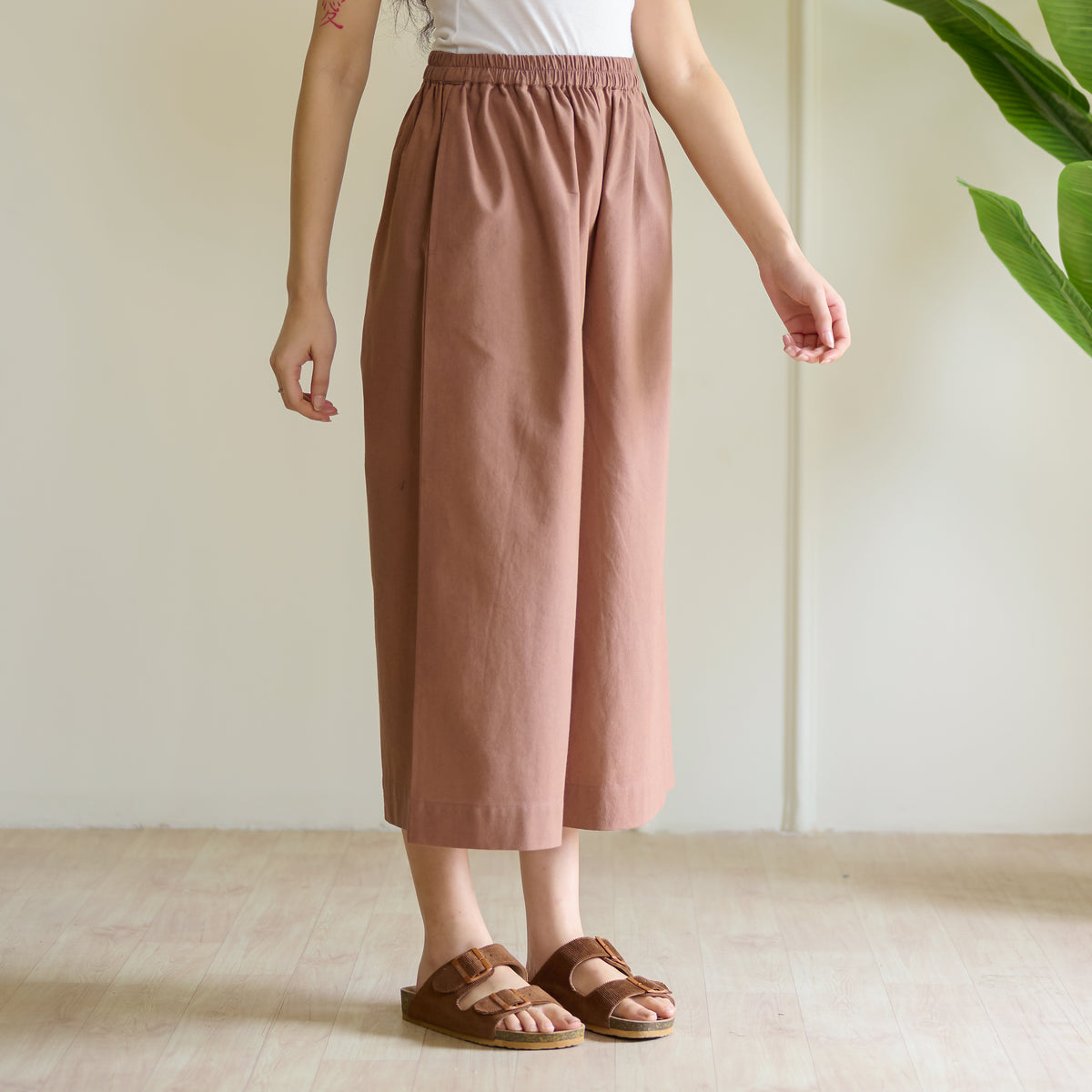 High Waist Elasticated Cotton Culottes - Camel