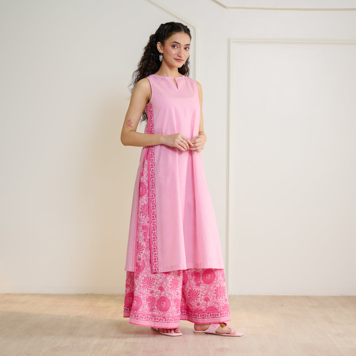 Mehek Sanganeri Inspired Sleeveless Kurta Palazzo Set with Dupatta - Baby Pink