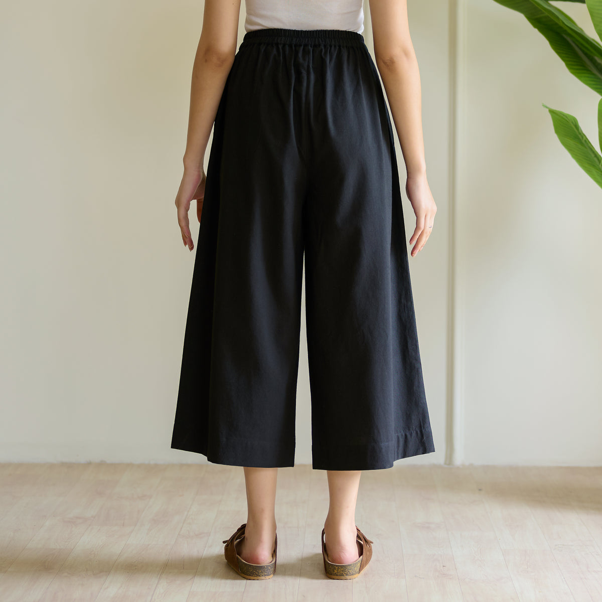 High Waist Elasticated Cotton Culottes - Black