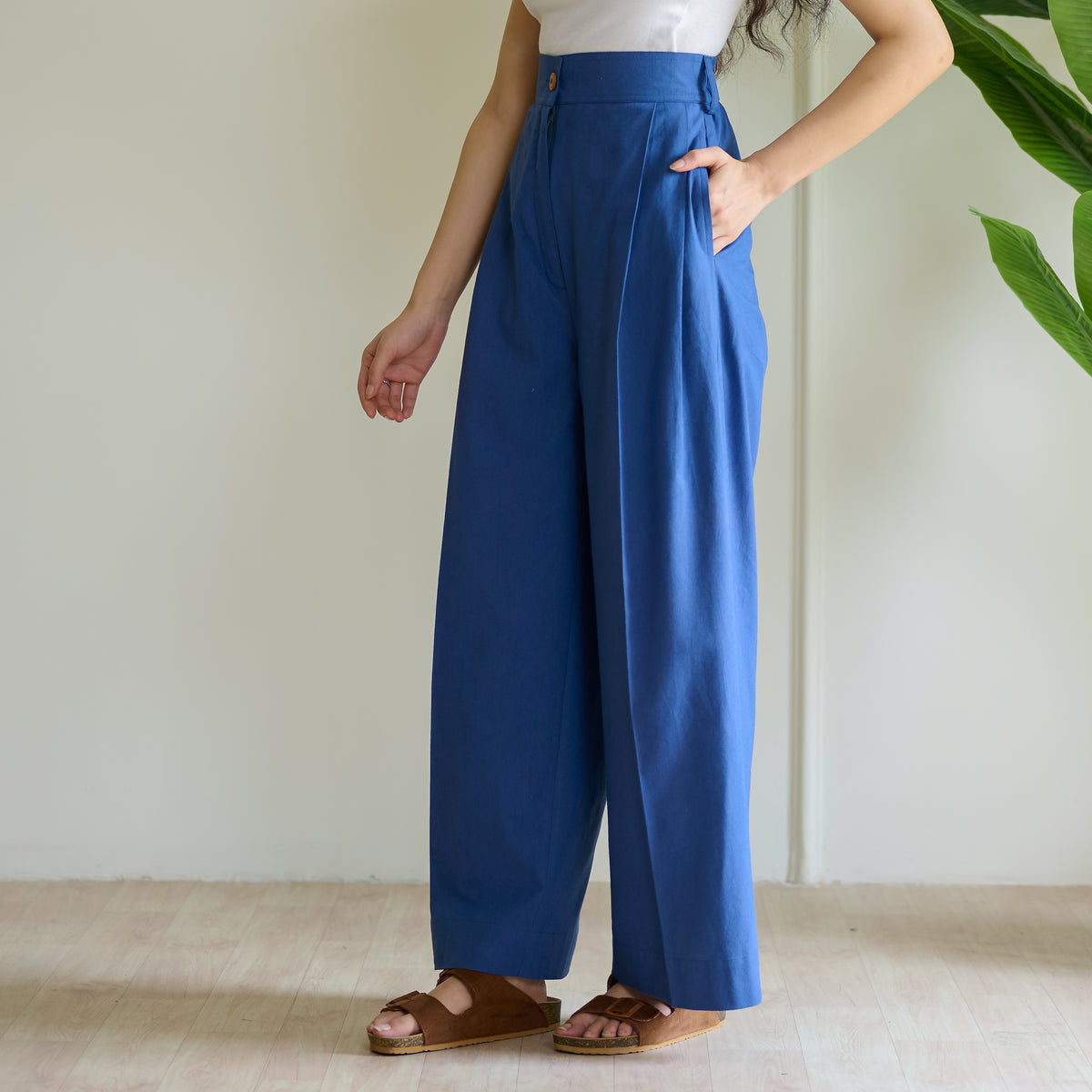 High Waist Pleated Cotton Trousers - Classic Blue