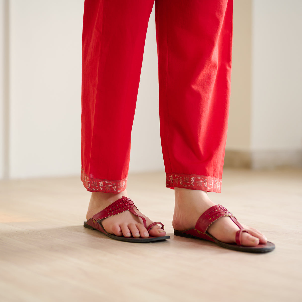 Blossom Sanganeri Inspired Co-ord Set with Tie-up Neckline - Cherry Red