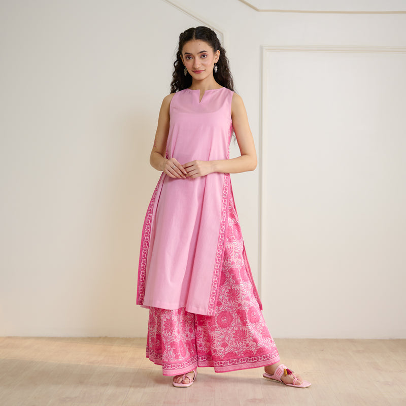 Mehek Sanganeri Inspired Sleeveless Kurta Palazzo Set with Dupatta - Baby Pink