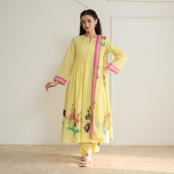 Zuhal Cotton Kurta Set with Mulmul Slip and Dupatta - Banana Yellow