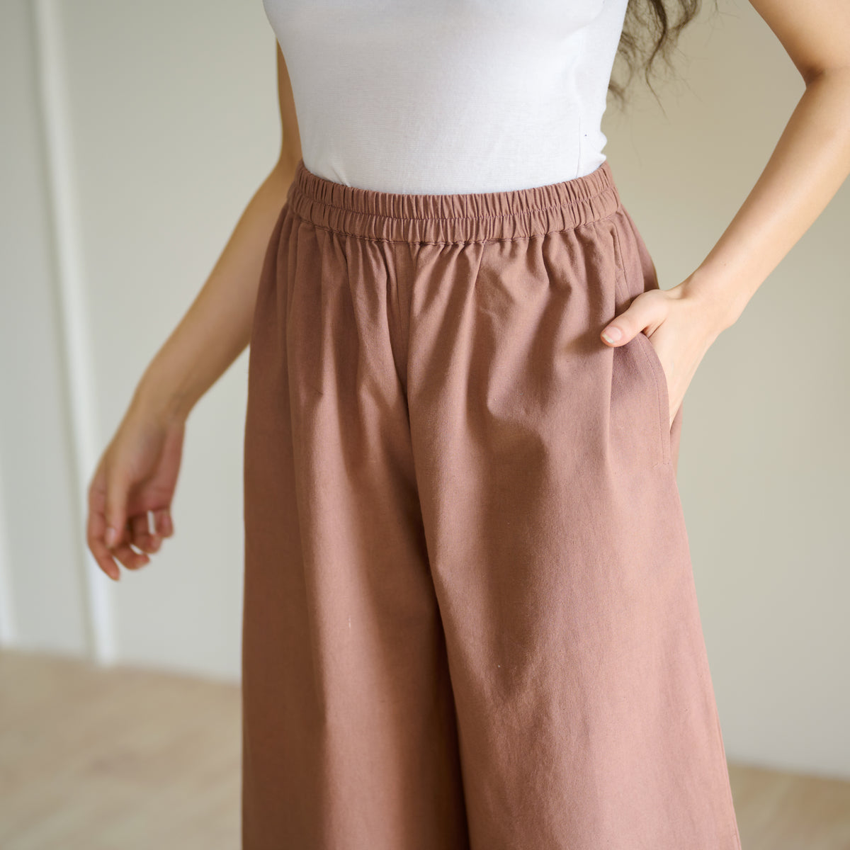 High Waist Elasticated Cotton Culottes - Camel