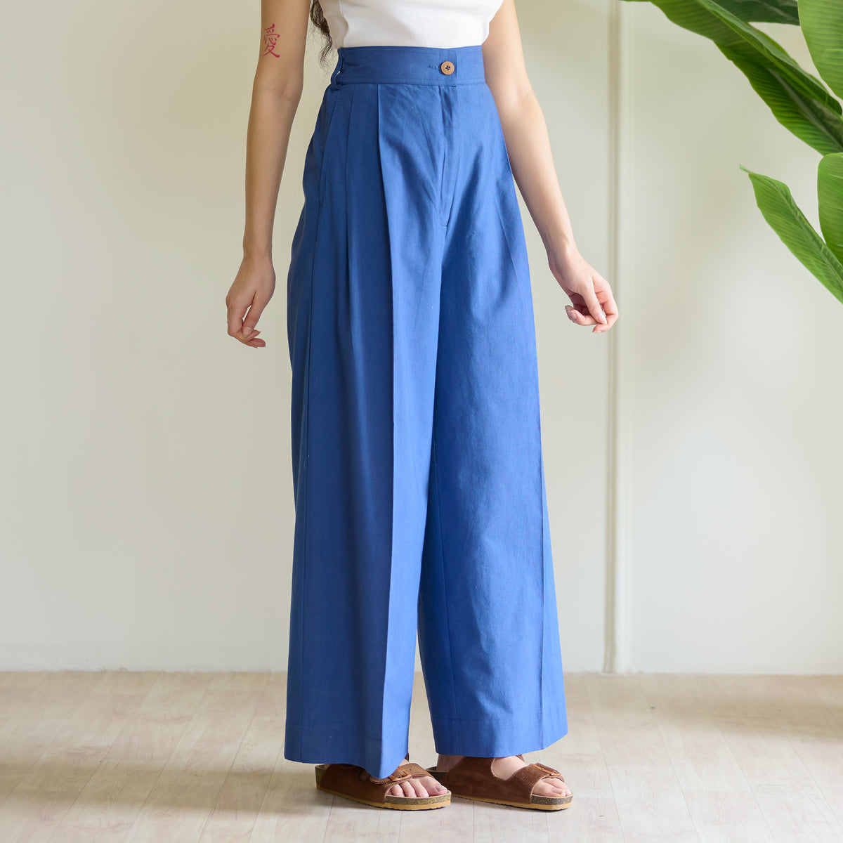 High Waist Pleated Cotton Trousers - Classic Blue