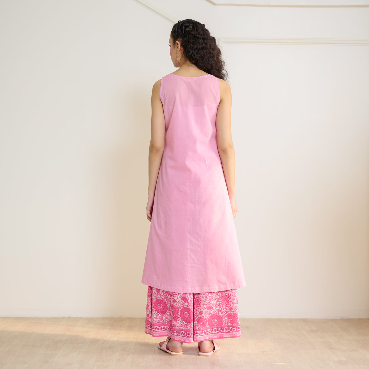 Mehek Sanganeri Inspired Sleeveless Kurta Palazzo Set with Dupatta - Baby Pink
